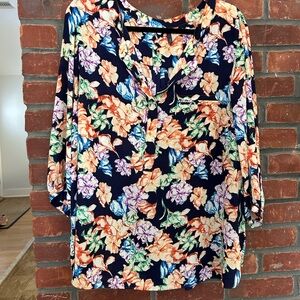 NYDJ Pintuck Floral Blouse - Navy and Multicolor